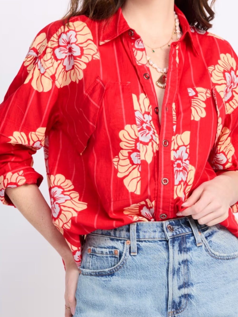 FREE PEOPLE We The Free Hidden Flower Camo Shirt / Cherry Combo